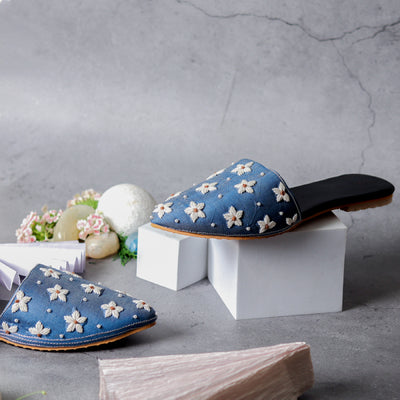 Denim Daisy Floral Patched  Comfort Mules
